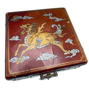 Vintage Chinese Lacquer Box Mythical Beast Design & Brass Accents 5"